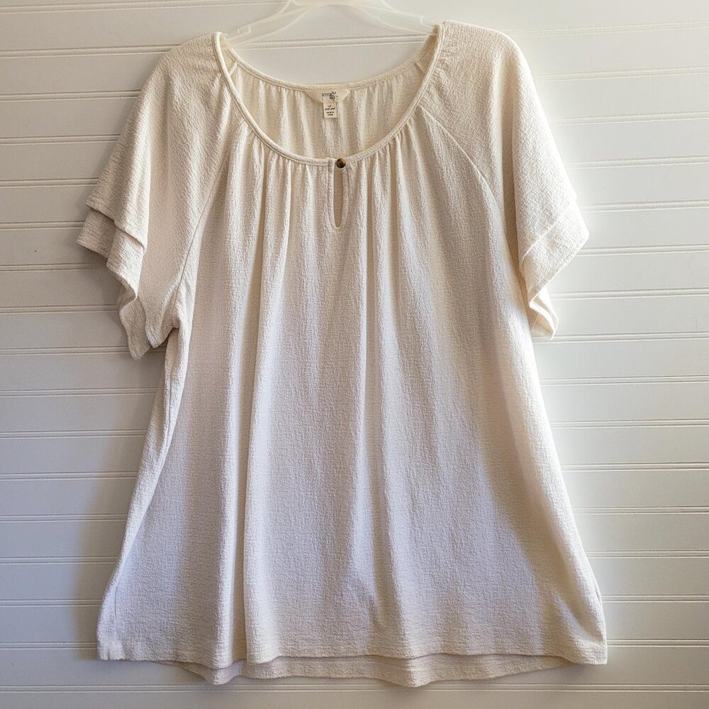 Terra Sky Top Womens 1X Cream Peasant Boho Neutral Classic Short Sleeve Tunic